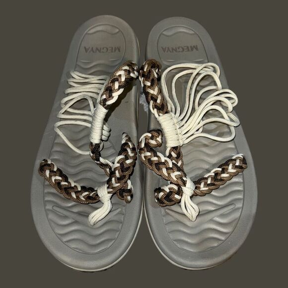 NEW  MEGNYA Womens Comf ROPE Sandal Braided cord Straps Tan Brown Cream Size 8 - Picture 2 of 7